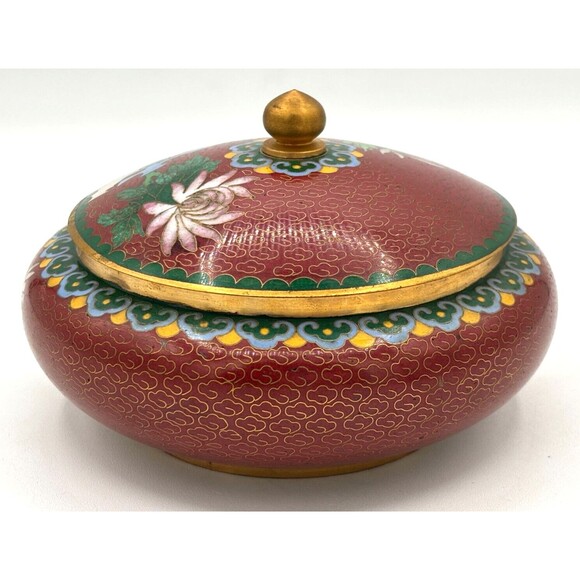 Vintage Chinese Cloisonné Enamel on Bronze Lidded Bowl Trinket Dish Floral Teal - Picture 3 of 16